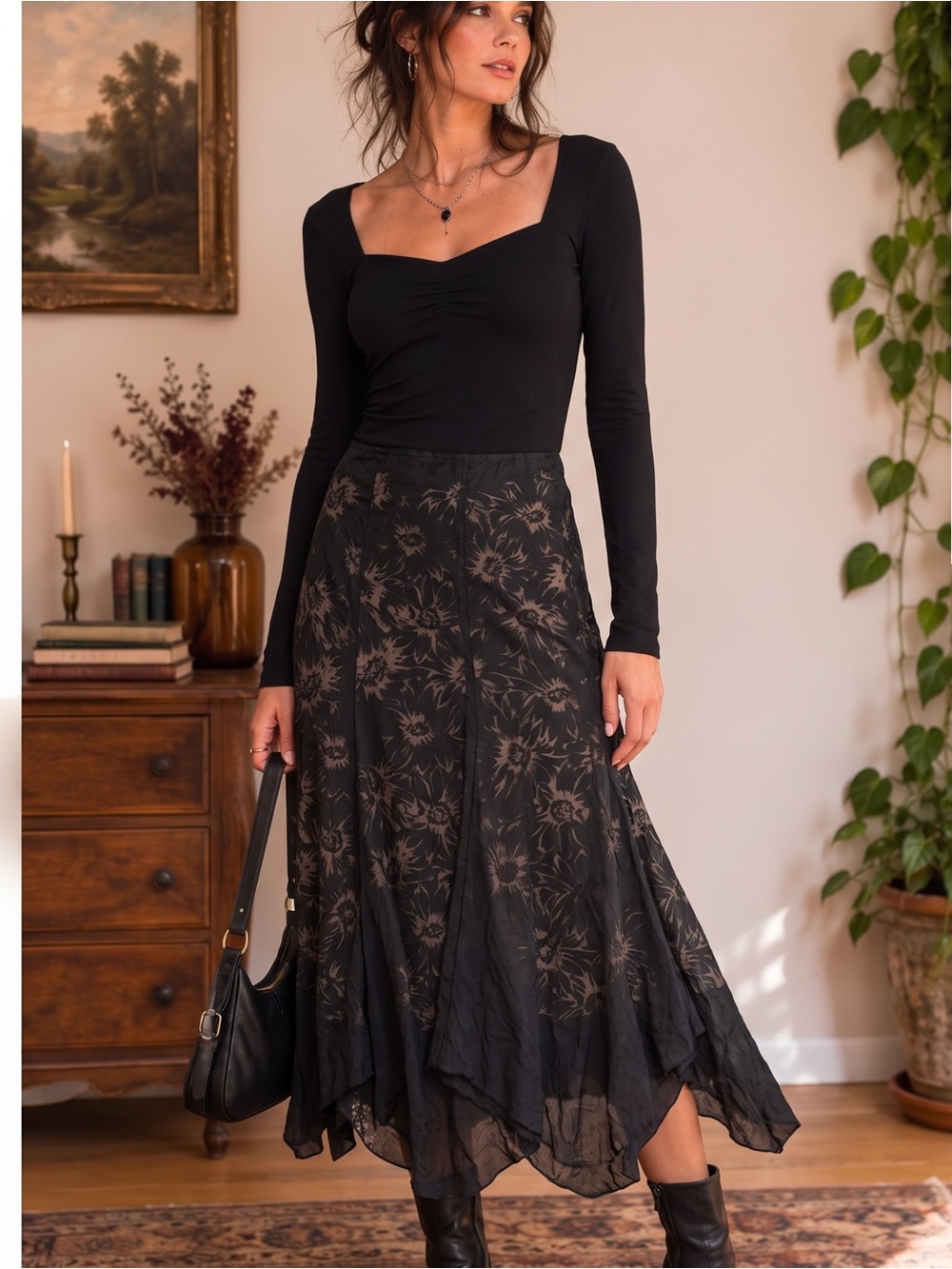VINTAGE WHITE STAG Burnout Floral Midi Skirt
